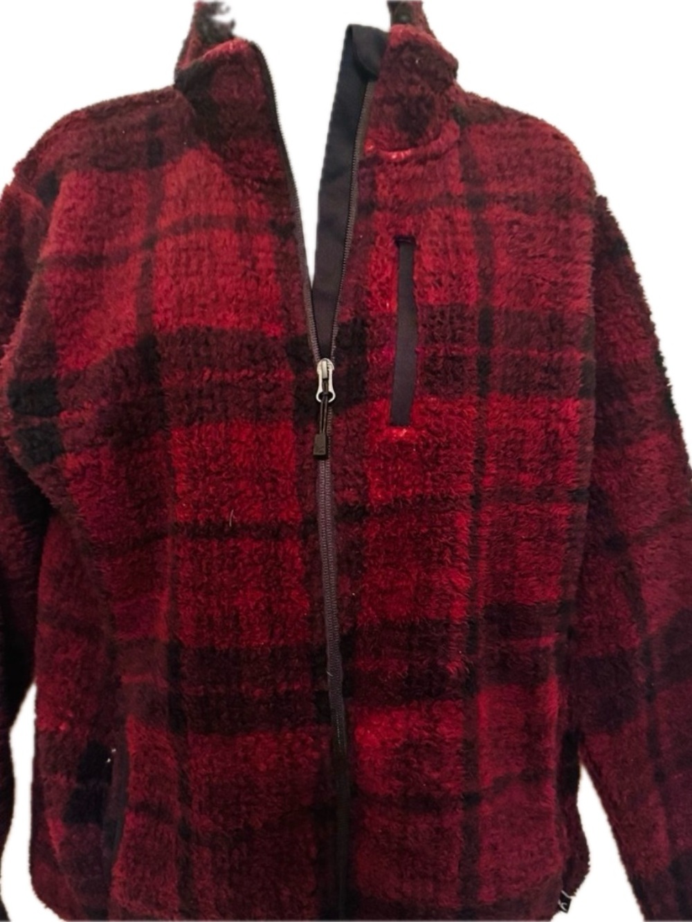 Eddie Bauer Women’s Red Plaid Full-Zip Sherpa Sweater Jacket